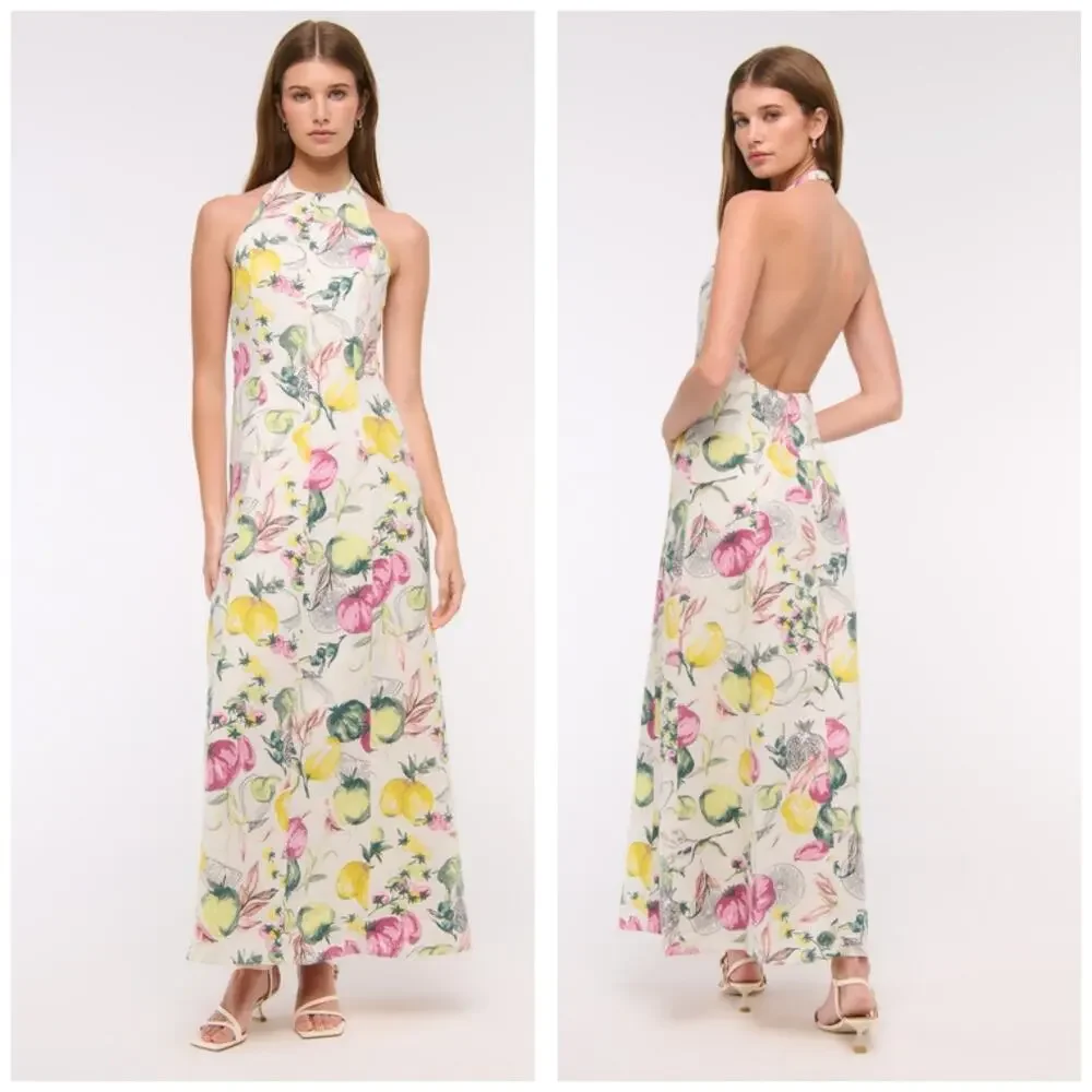Abercrombie & Fitch Premium Linen High Neck Maxi Dress Size LP Vegetable Print